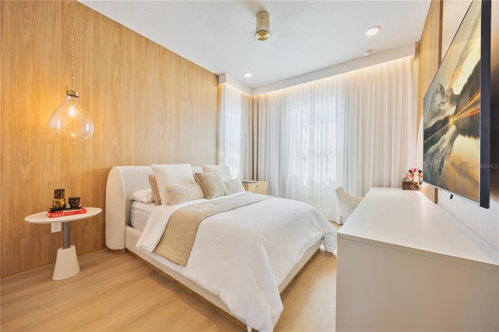 Bedroom, Interior, Pendant Lights, Recessed Lighting, Wood Texture Flooring