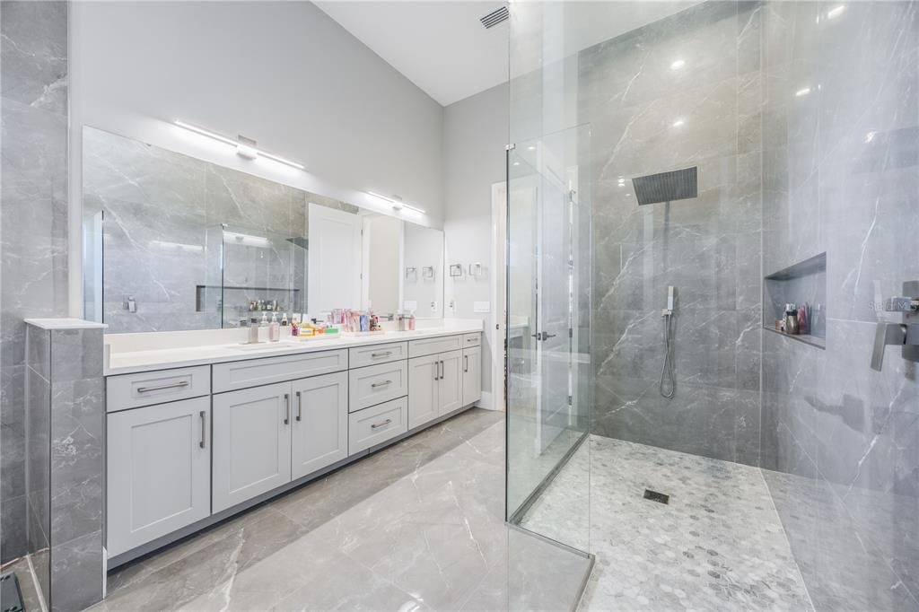 Bathroom, Dual Sink Vanities, Glass Shower, Interior, Recessed Lighting