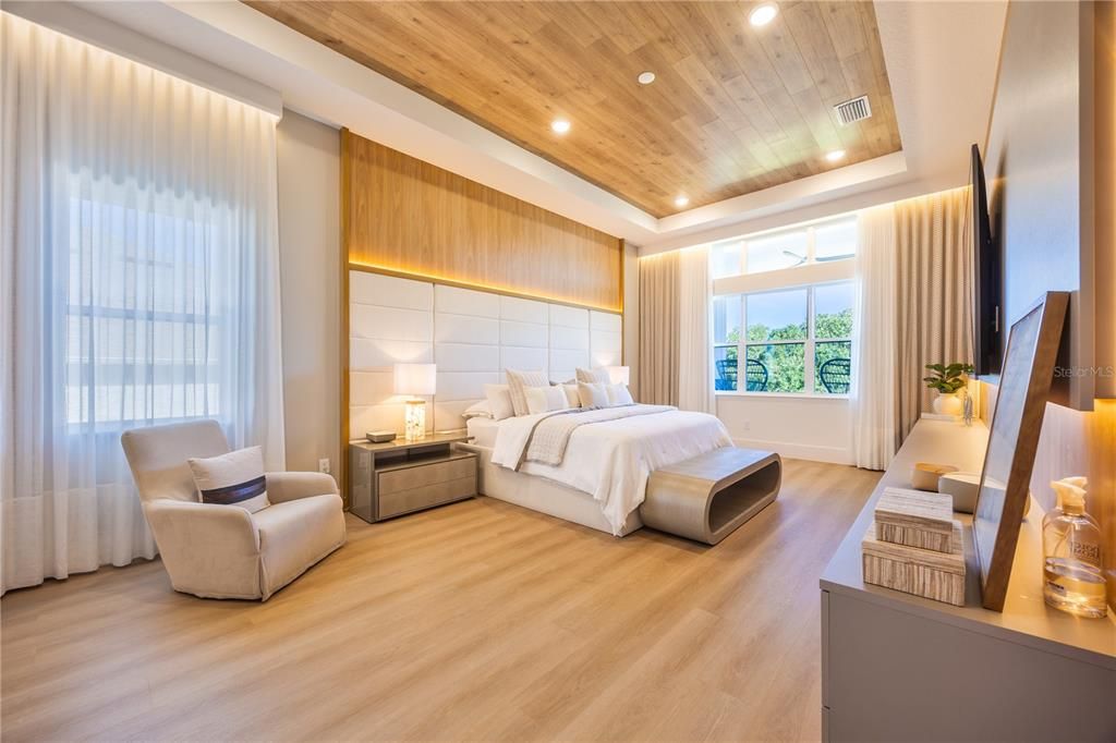 Bedroom, Interior, Recessed Lighting, Wooden Ceilings, Wood Texture Flooring