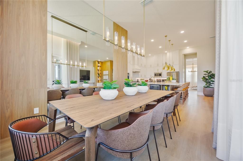 Dining room, Interior, Kitchen, Pendant Lights, Recessed Lighting, Wood Texture Flooring