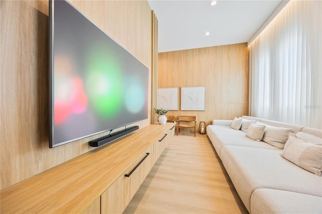 Interior, Living room, Recessed Lighting, Wood Texture Flooring, Wooden Walls