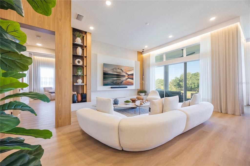 Interior, Living room, Recessed Lighting, Wood Texture Flooring