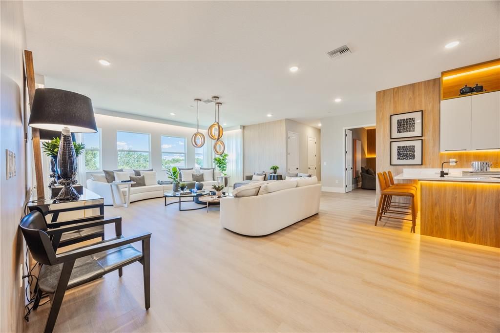 Interior, Living room, Pendant Lights, Recessed Lighting, Wood Texture Flooring