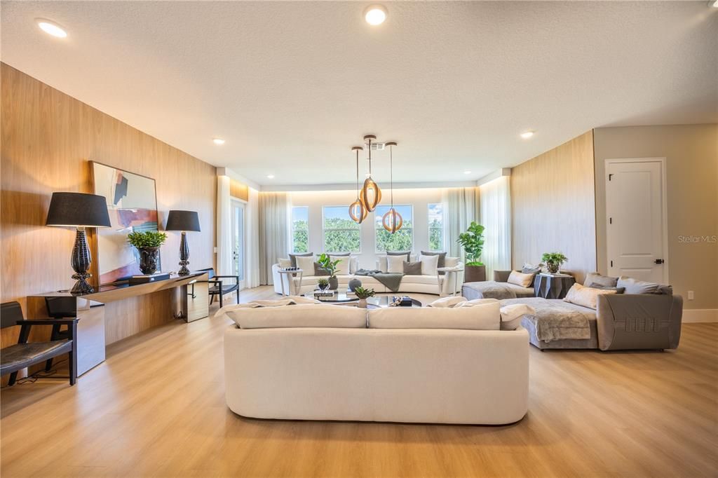 Dining room, Interior, Living room, Pendant Lights, Recessed Lighting, Wood Texture Flooring, Wooden Walls