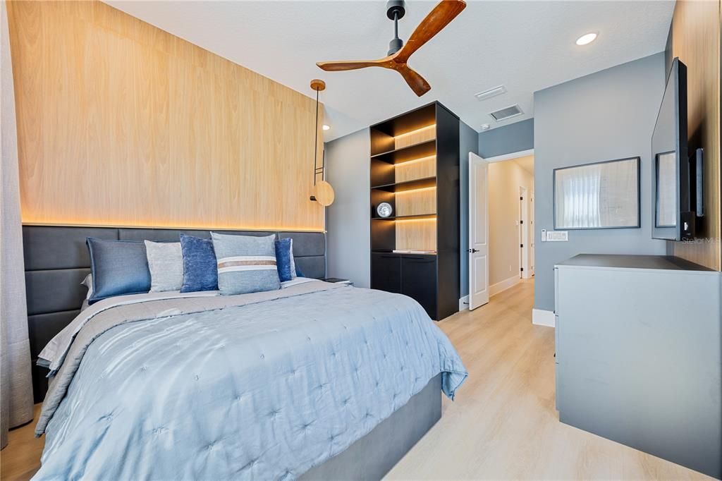 Bedroom, Interior, Recessed Lighting, Wood Texture Flooring