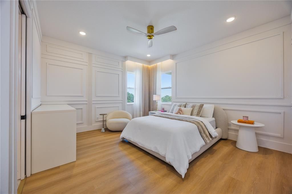 Bedroom, Interior, Recessed Lighting, Wood Texture Flooring