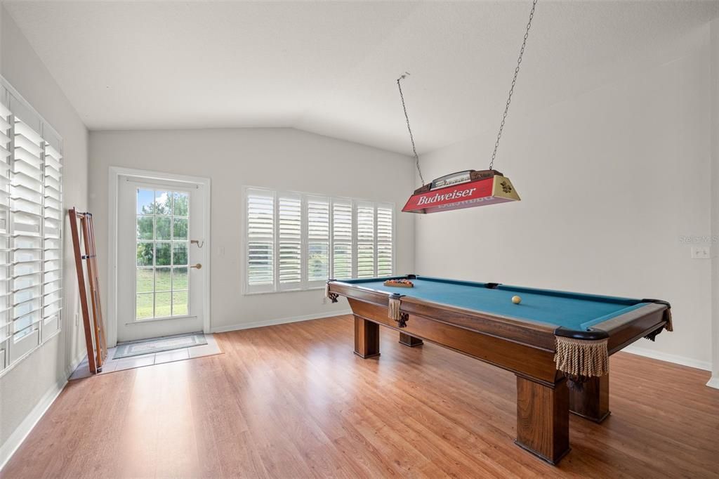 Billiard Table, Game Room, Interior, Pendant Lights, Wood Texture Flooring