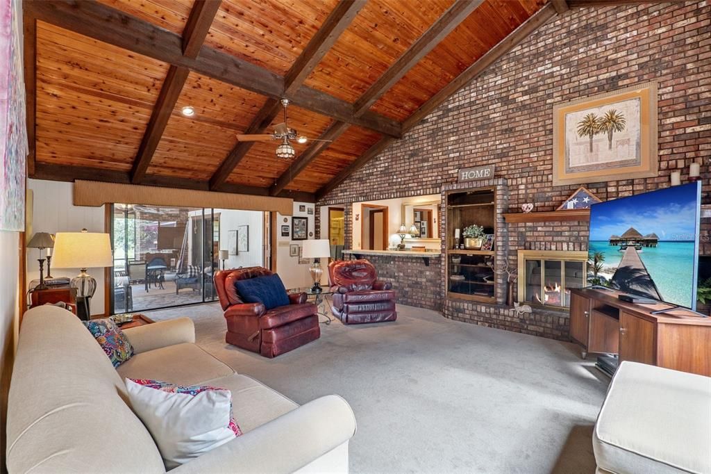 Fireplace, Interior, Living room, Recessed Lighting, Stone Walls, Wooden Beams, Wooden Ceilings