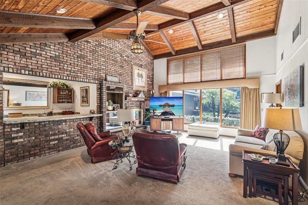 Interior, Living room, Recessed Lighting, Stone Walls, Wooden Beams, Wooden Ceilings