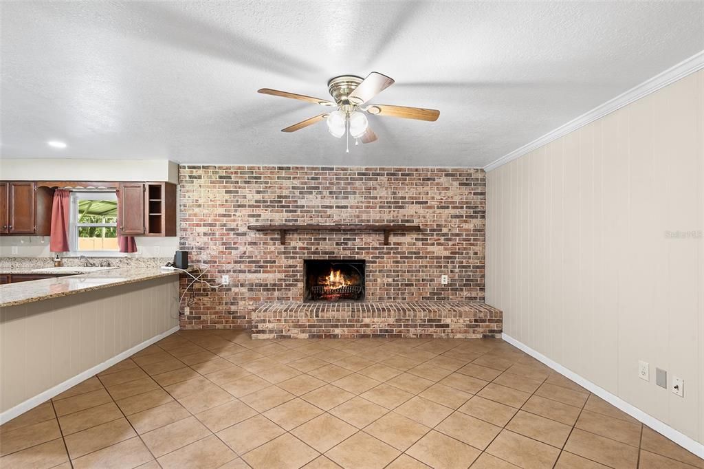 Empty room, Fireplace, Interior, Recessed Lighting, Stone Walls