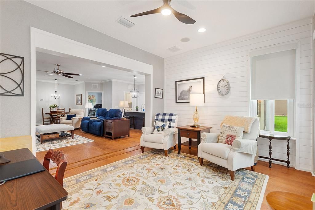 Dining room, Interior, Living room, Pendant Lights, Recessed Lighting, Wood Texture Flooring