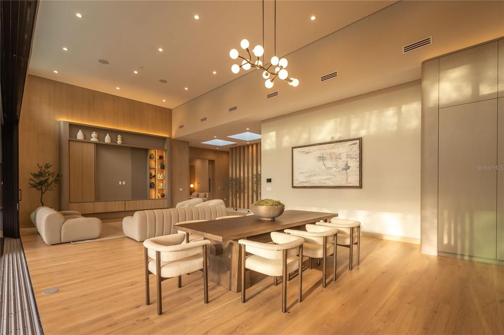 Dining room, Interior, Living room, Pendant Lights, Recessed Lighting, Wood Texture Flooring