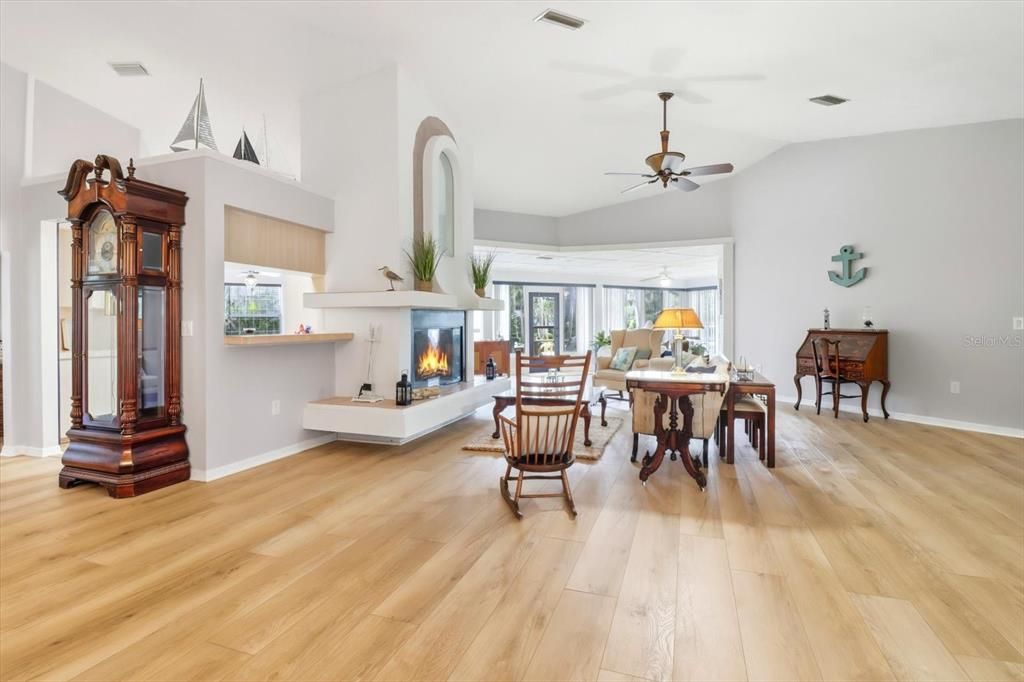 Dining room, Fireplace, Interior, Wood Texture Flooring