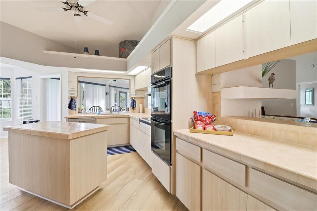 Interior, Kitchen, Tile Countertops, Wood Texture Flooring