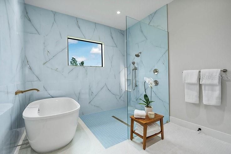 Bathroom, Free Standing Baths, Glass Shower, Interior, Marble Walls, Recessed Lighting