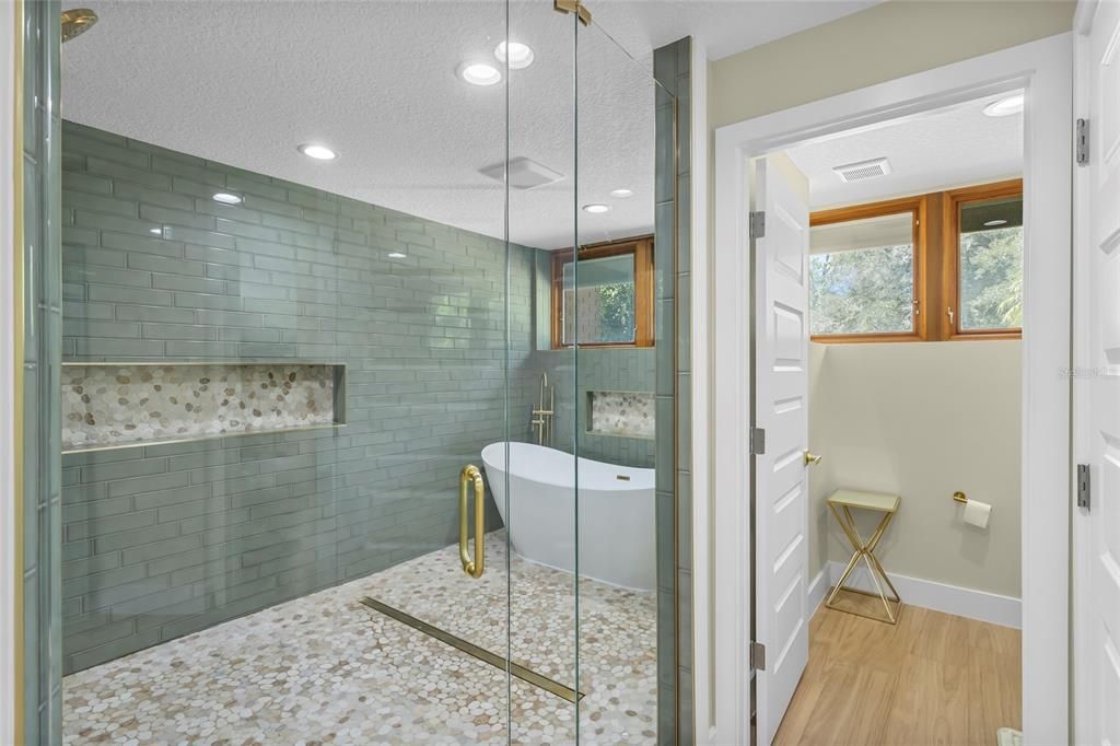 Bathroom, Free Standing Baths, Glass Shower, Interior, Recessed Lighting, Wood Texture Flooring