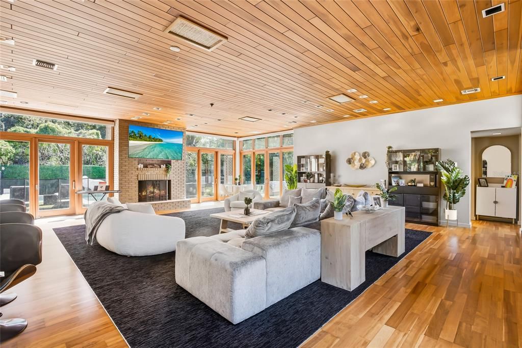 Fireplace, Interior, Living room, Recessed Lighting, Wooden Ceilings, Wood Texture Flooring