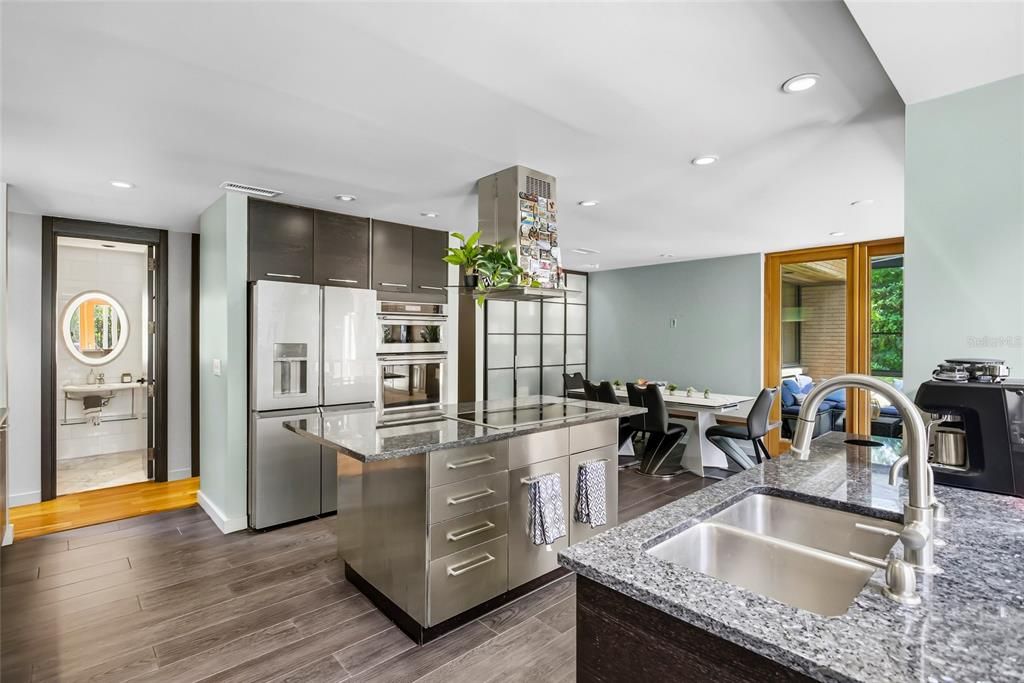 Dining room, Interior, Kitchen, Recessed Lighting, Stainless Steel Appliances, Wood Texture Flooring