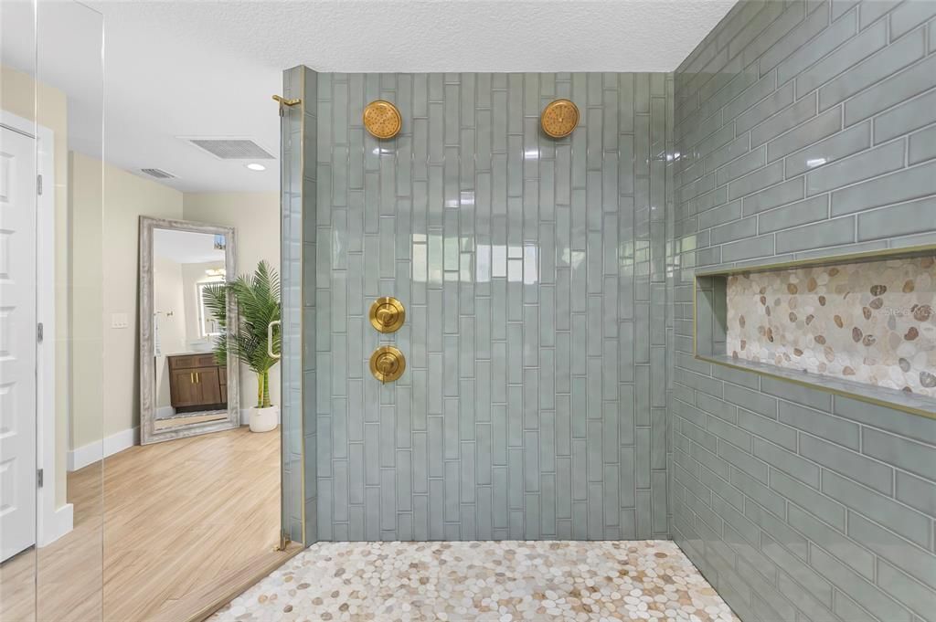 Bathroom, Glass Shower, Interior, Recessed Lighting, Wood Texture Flooring