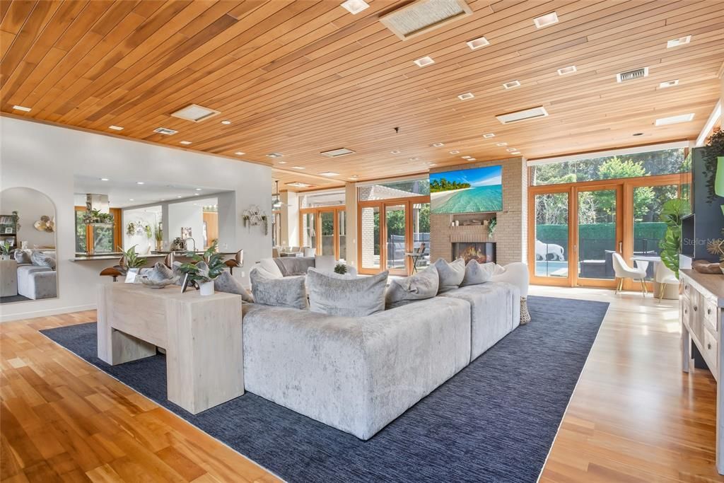 Fireplace, Interior, Living room, Recessed Lighting, Wooden Ceilings, Wood Texture Flooring