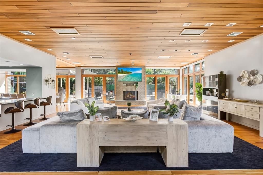 Fireplace, Interior, Living room, Recessed Lighting, Wooden Ceilings, Wood Texture Flooring