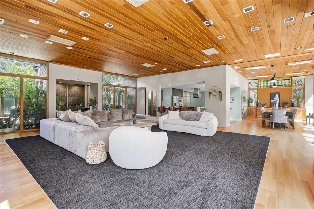 Dining room, Interior, Living room, Pendant Lights, Recessed Lighting, Wooden Ceilings, Wood Texture Flooring