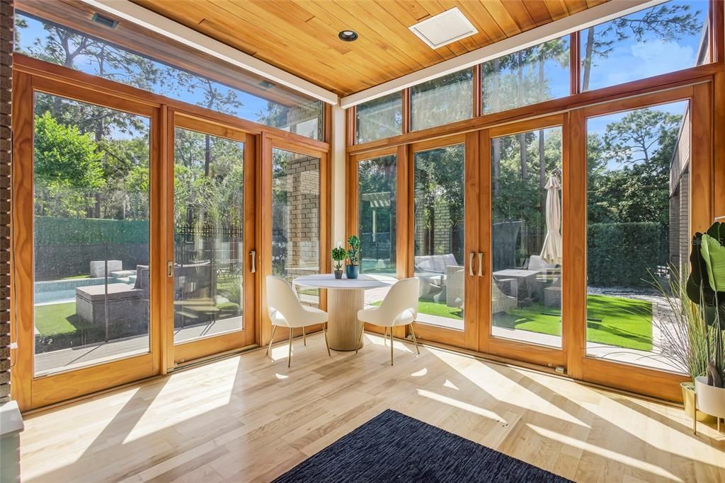 Dining room, Interior, Recessed Lighting, Sun Room, Wooden Ceilings, Wood Texture Flooring