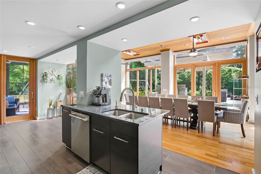Dining room, Interior, Kitchen, Recessed Lighting, Stainless Steel Appliances, Wooden Ceilings, Wood Texture Flooring