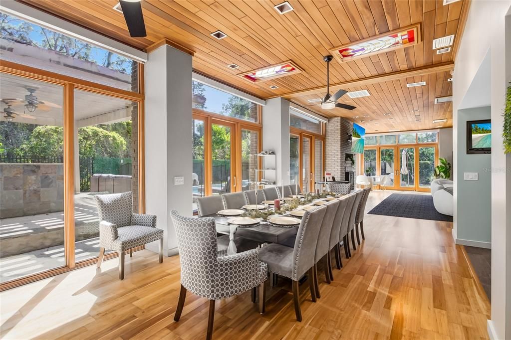 Dining room, Interior, Recessed Lighting, Stone Walls, Wooden Ceilings, Wood Texture Flooring