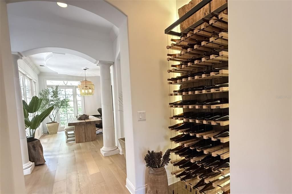 Chandelier, Interior, Recessed Lighting, Wine Storage, Wood Texture Flooring