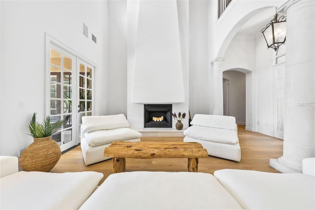 Fireplace, Interior, Living room, Pendant Lights, Wood Texture Flooring