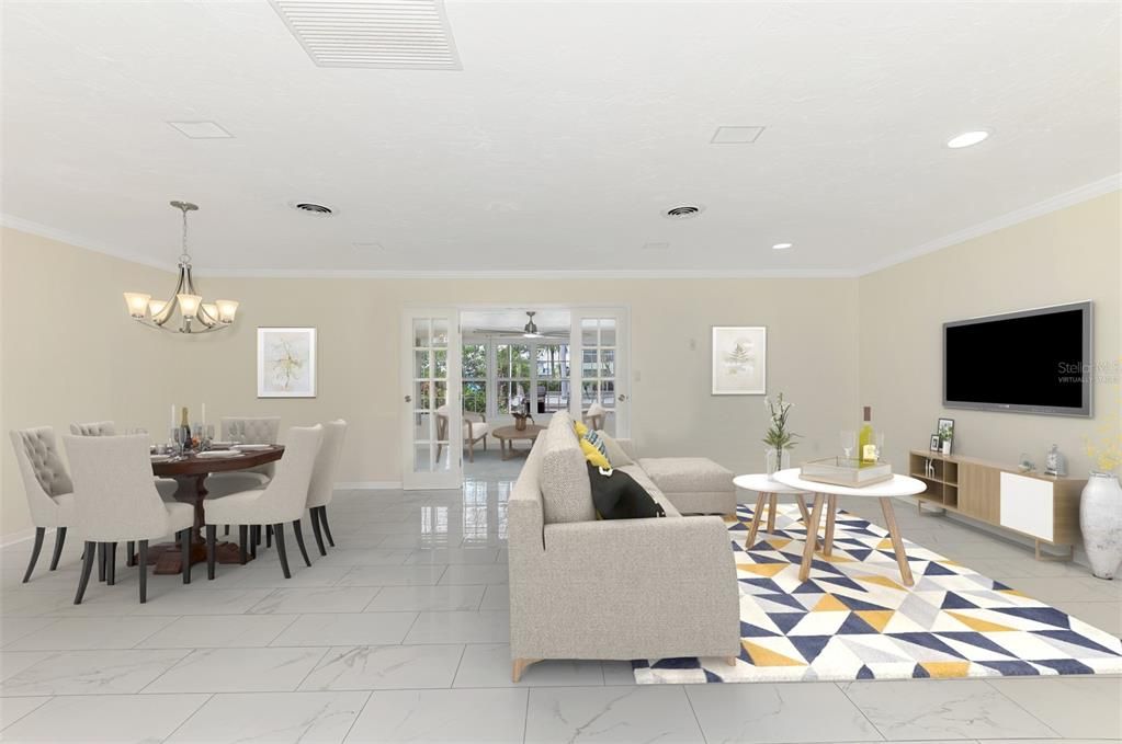 Chandelier, Dining room, Interior, Living room, Marble, Recessed Lighting