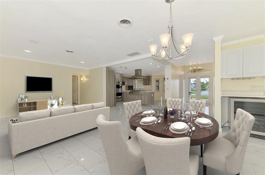 Chandelier, Dining room, Interior, Kitchen, Living room, Marble, Recessed Lighting, Stainless Steel Appliances