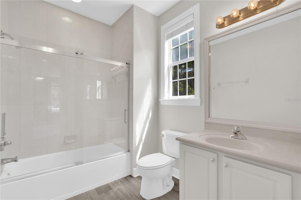 Bathroom, Glass Shower, Interior, Wood Texture Flooring