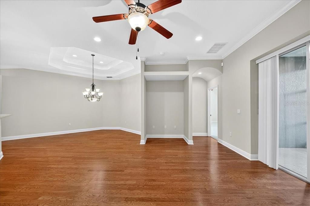 Chandelier, Empty room, Interior, Recessed Lighting, Wood Texture Flooring