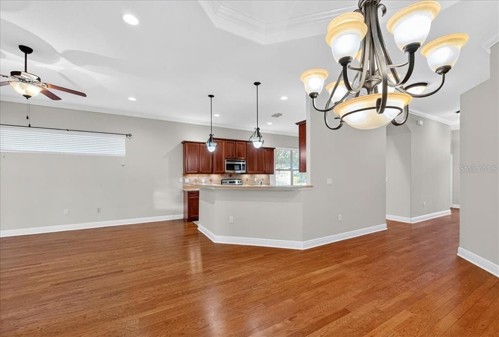 Chandelier, Interior, Kitchen, Pendant Lights, Recessed Lighting, Wood Texture Flooring