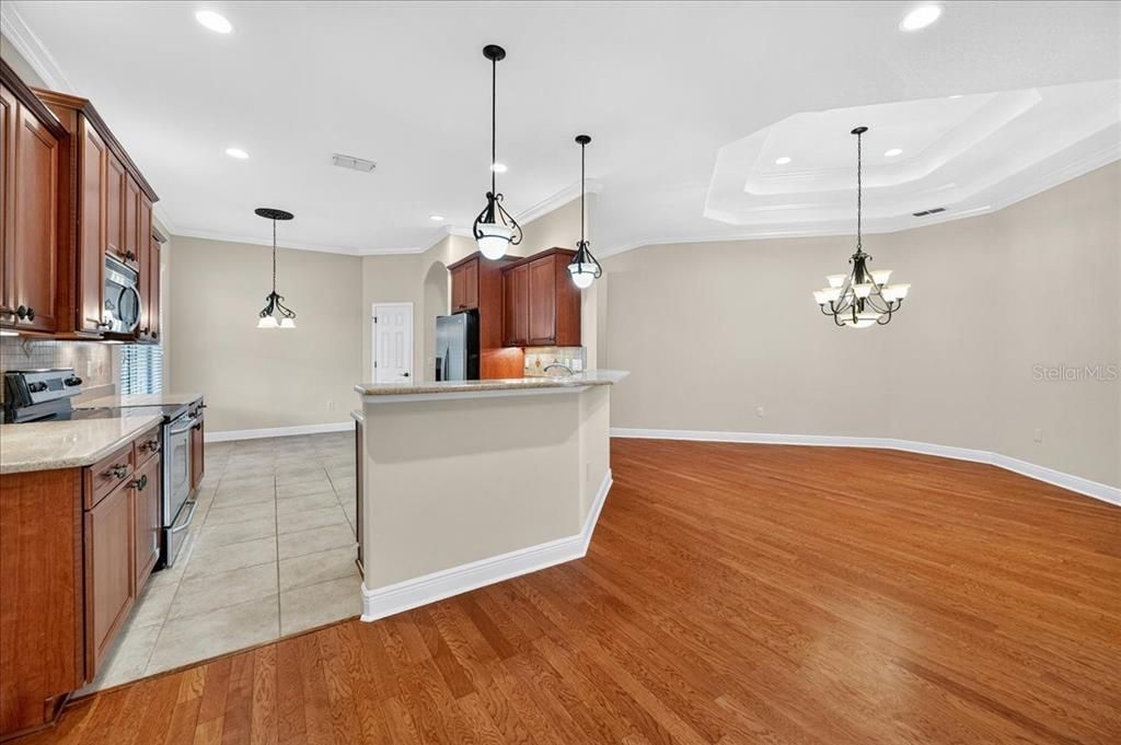 Chandelier, Interior, Kitchen, Pendant Lights, Recessed Lighting, Wood Texture Flooring
