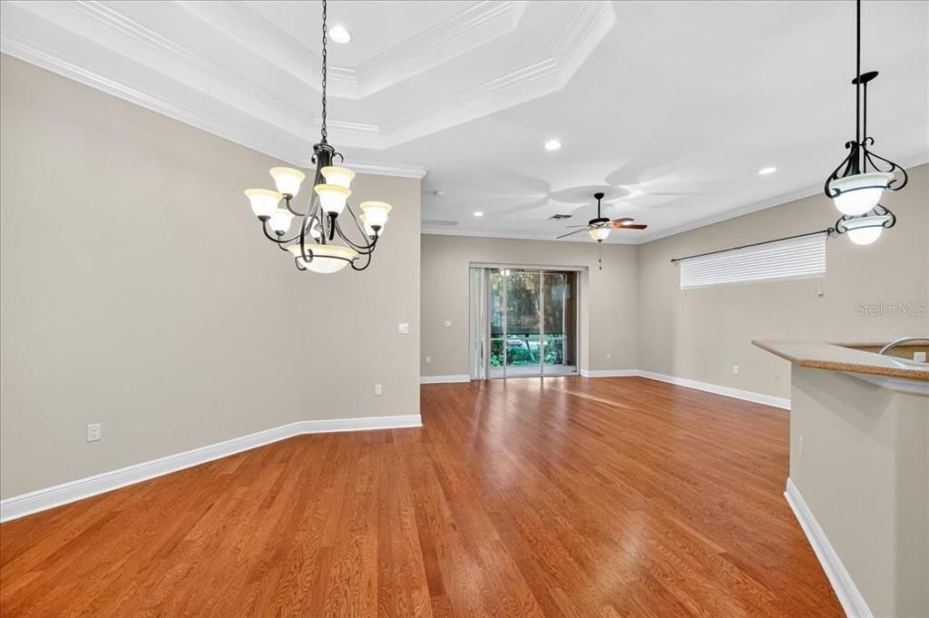 Chandelier, Empty room, Interior, Pendant Lights, Recessed Lighting, Wood Texture Flooring
