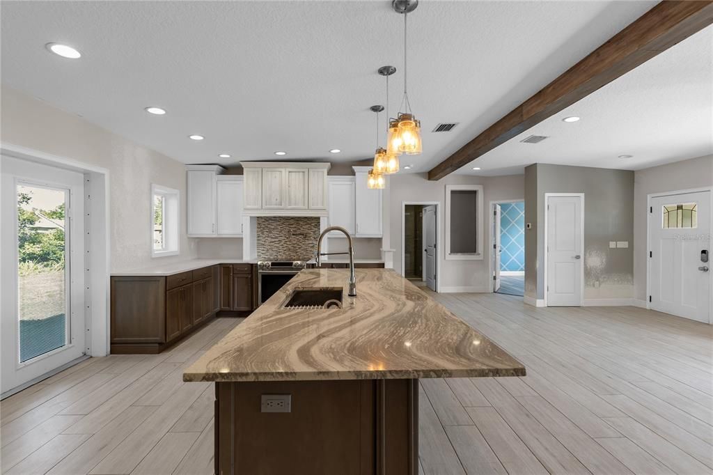 Interior, Kitchen, Pendant Lights, Recessed Lighting, Stainless Steel Appliances, Wooden Beams, Wood Texture Flooring