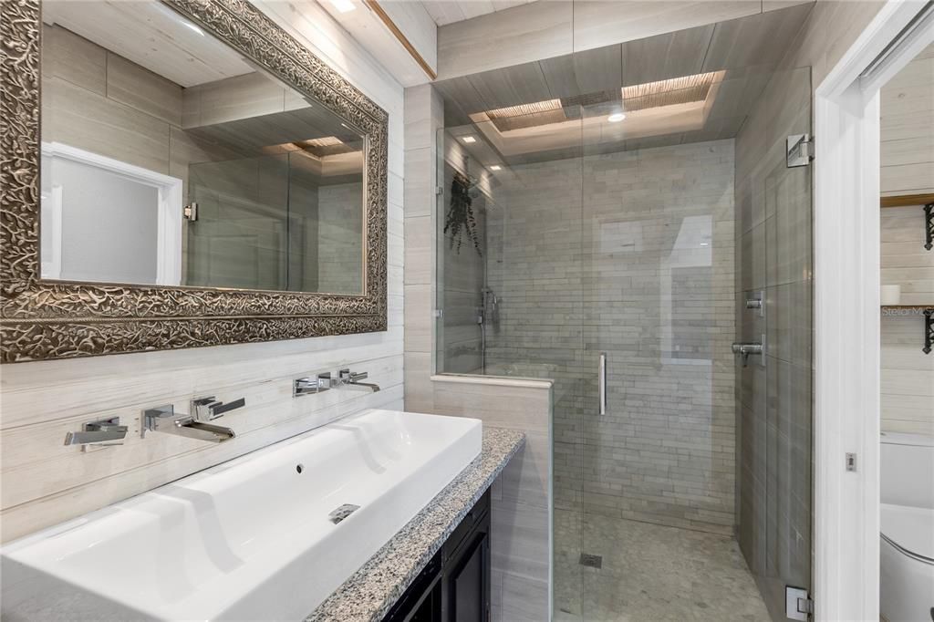 Bathroom, Dual Sink Vanities, Glass Shower, Interior, Recessed Lighting, Wooden Ceilings