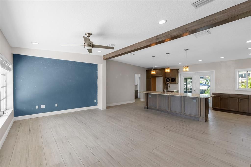 Empty room, Interior, Kitchen, Pendant Lights, Recessed Lighting, Wooden Beams, Wood Texture Flooring