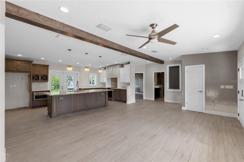 Interior, Kitchen, Pendant Lights, Recessed Lighting, Wooden Beams, Wood Texture Flooring