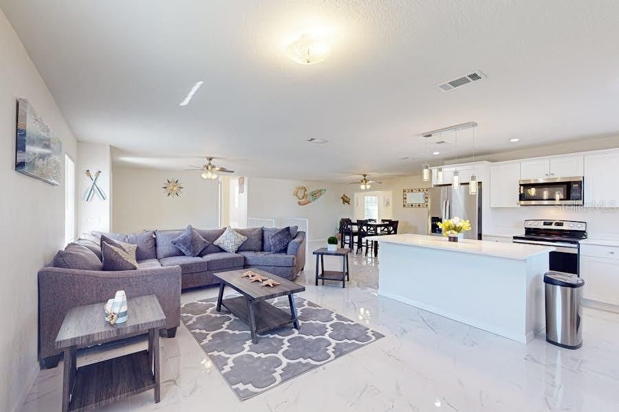 Dining room, Interior, Kitchen, Living room, Marble, Pendant Lights, Recessed Lighting, Stainless Steel Appliances