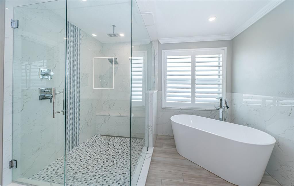 Bathroom, Free Standing Baths, Glass Shower, Interior, Marble Walls, Recessed Lighting