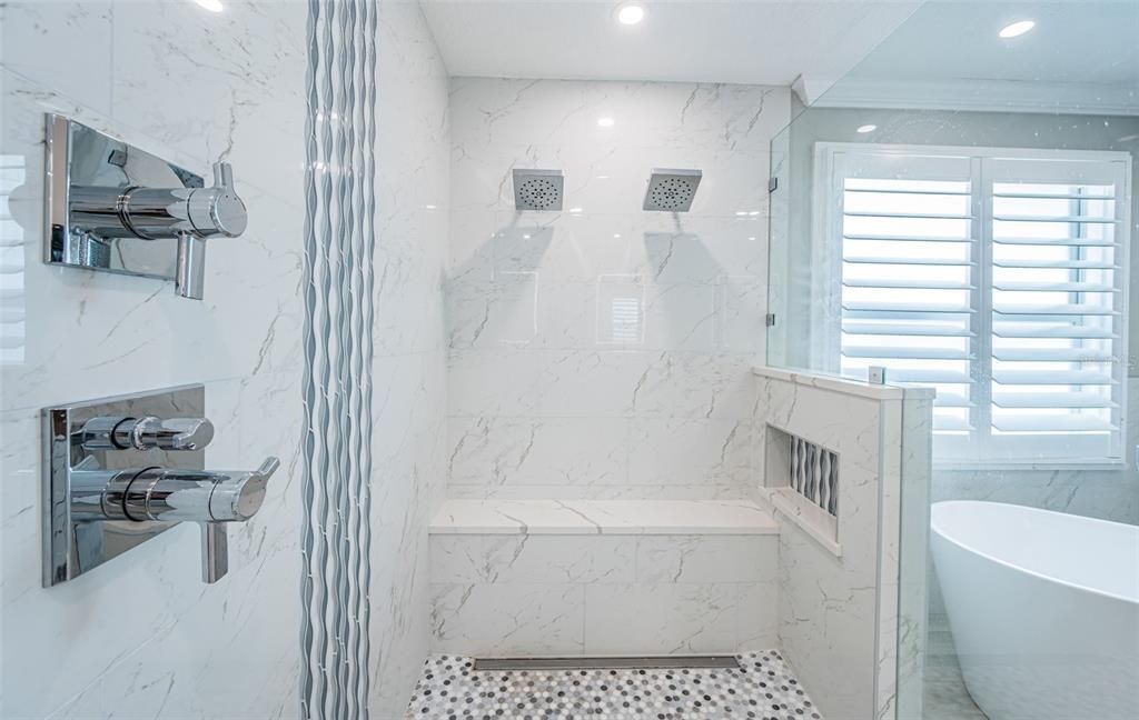Bathroom, Free Standing Baths, Glass Shower, Interior, Marble Walls, Recessed Lighting