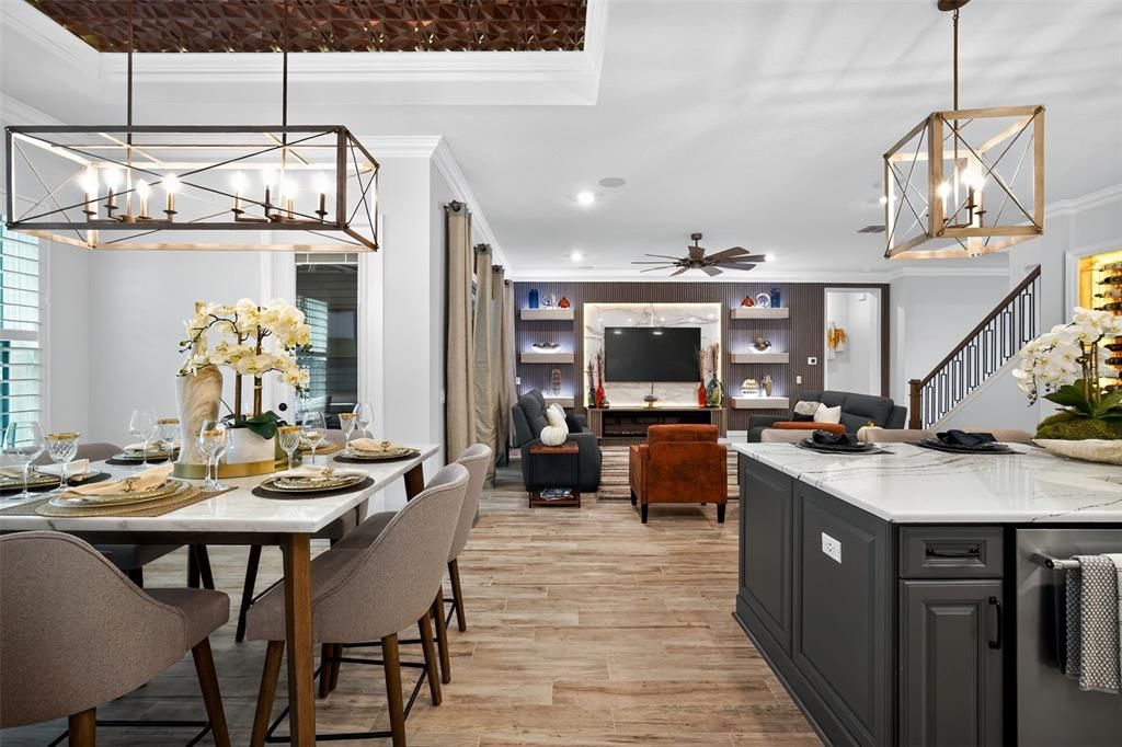 Dining room, Interior, Living room, Pendant Lights, Recessed Lighting, Wood Texture Flooring