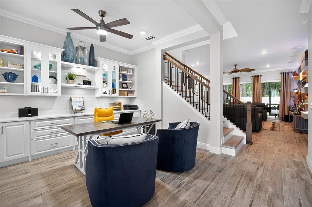Home Office, Interior, Recessed Lighting, Wood Texture Flooring
