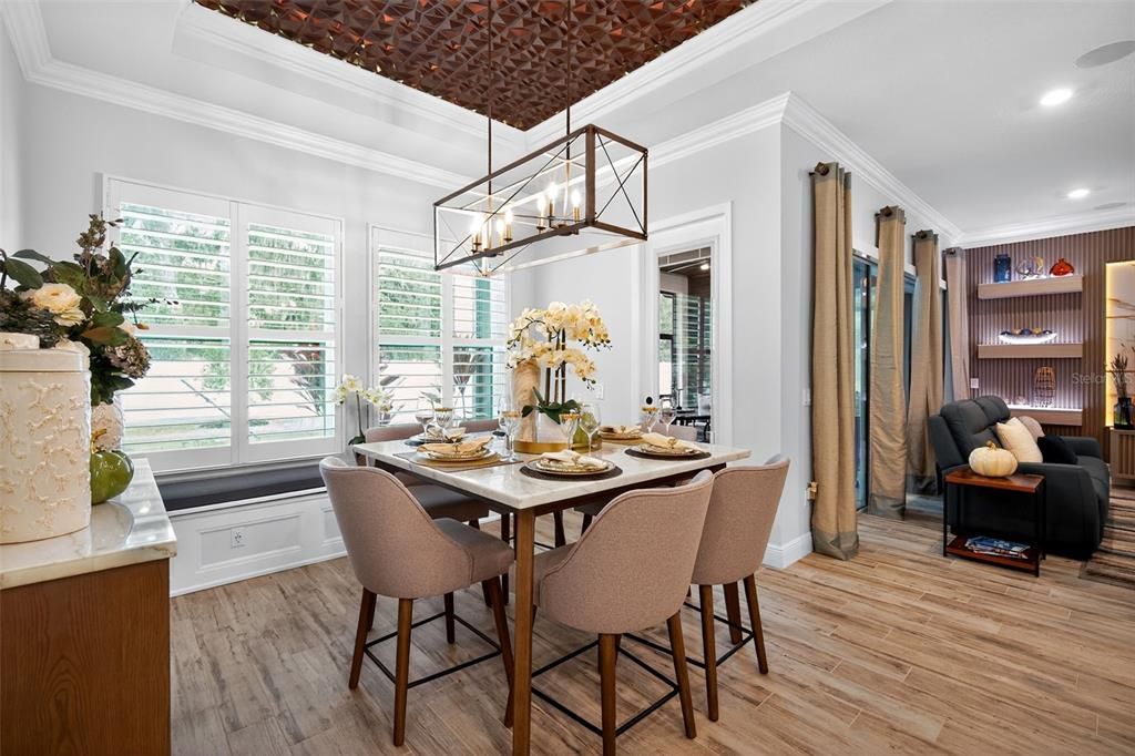 Dining room, Interior, Pendant Lights, Recessed Lighting, Wood Texture Flooring
