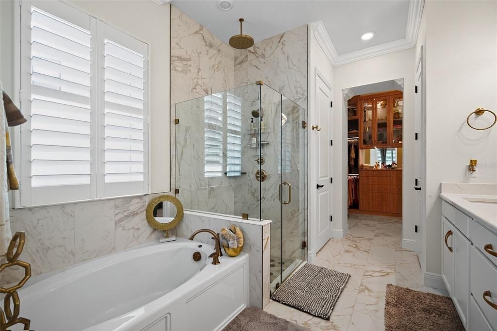 Bathroom, Glass Shower, Interior, Marble, Marble Walls, Recessed Lighting