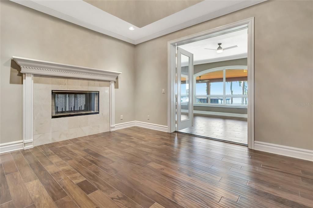 Empty room, Fireplace, Interior, Recessed Lighting, Wood Texture Flooring